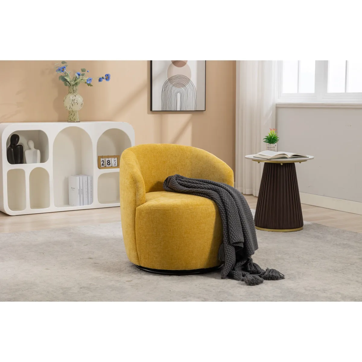 037-Chenille Fabric Swivel Accent Armchair Barrel Chair