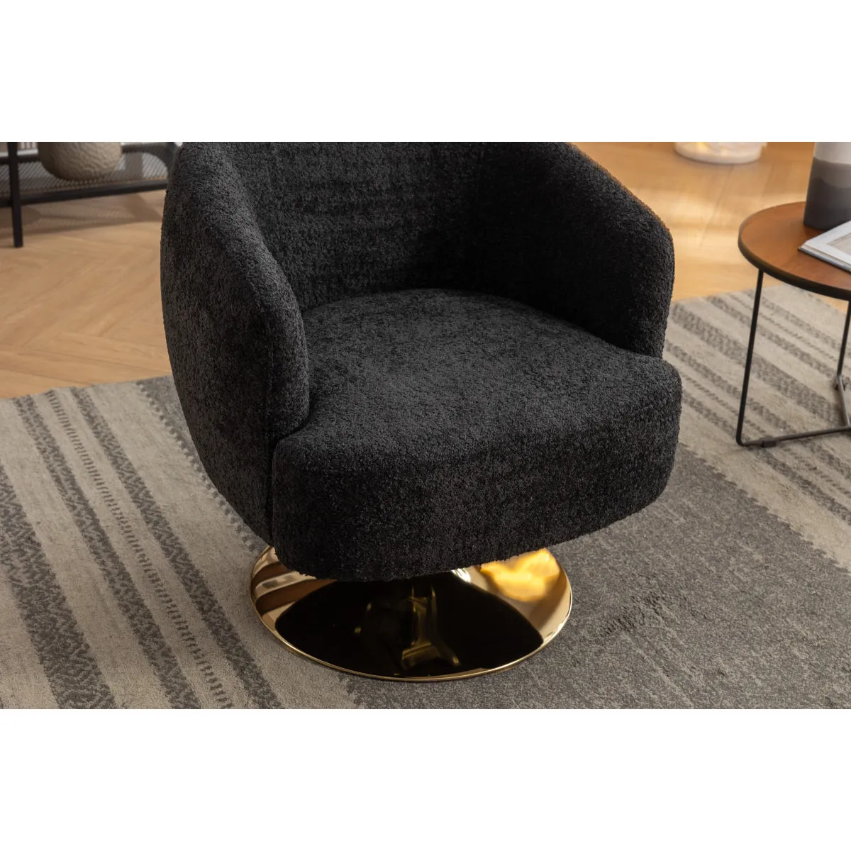 048-Chenille Fabric Accent Swivel Chair With Gold Metal Round Base,Black