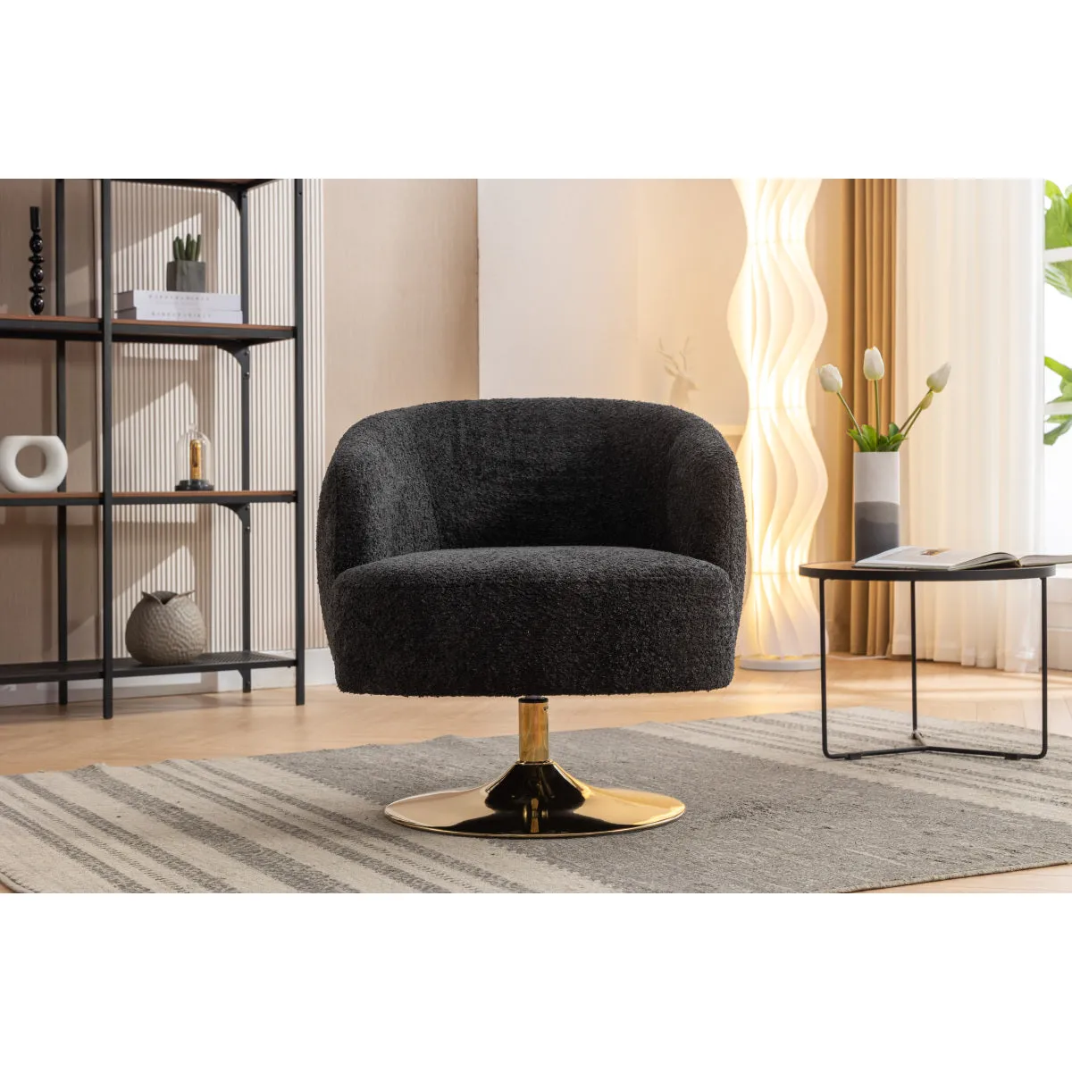 048-Chenille Fabric Accent Swivel Chair With Gold Metal Round Base,Black