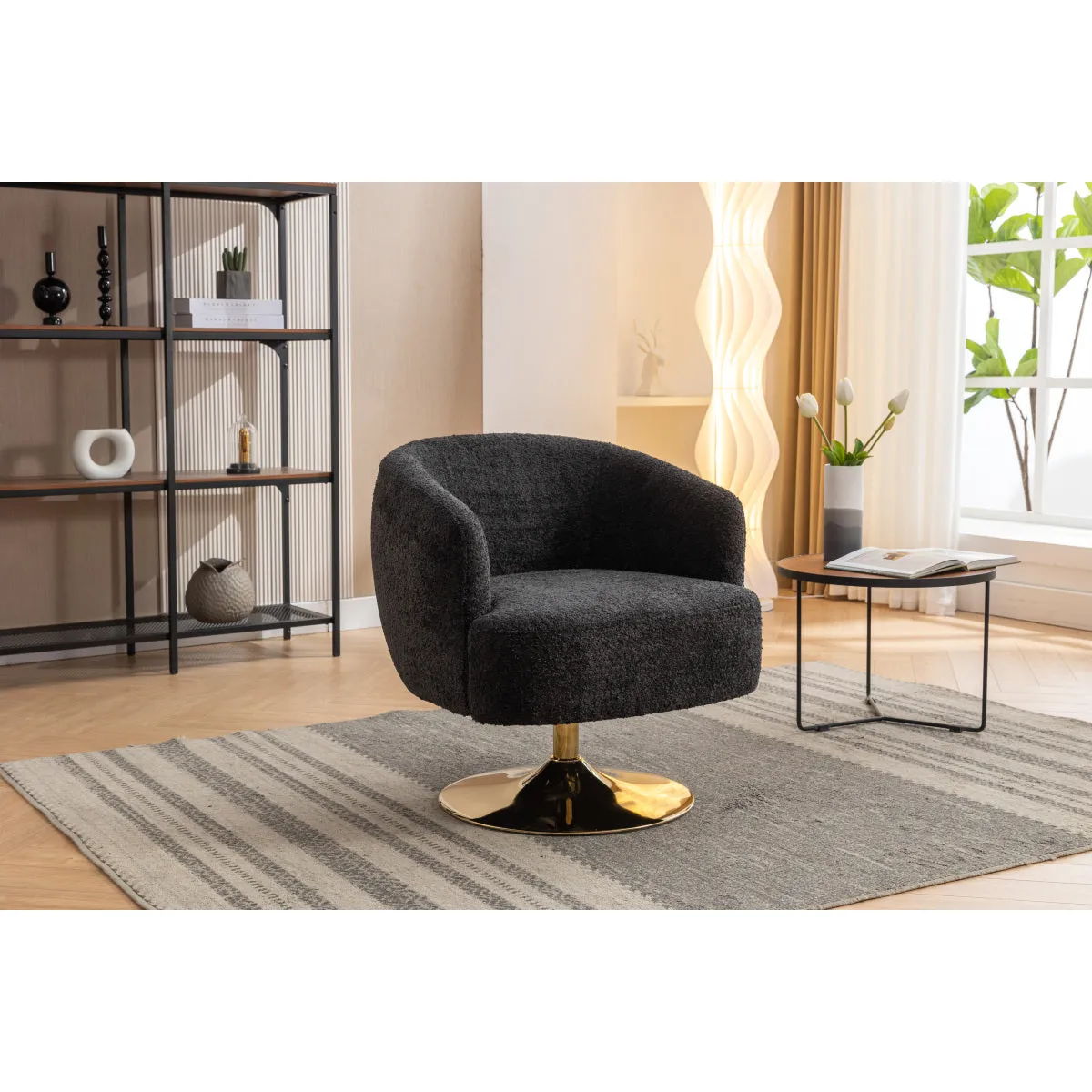 048-Chenille Fabric Accent Swivel Chair With Gold Metal Round Base,Black