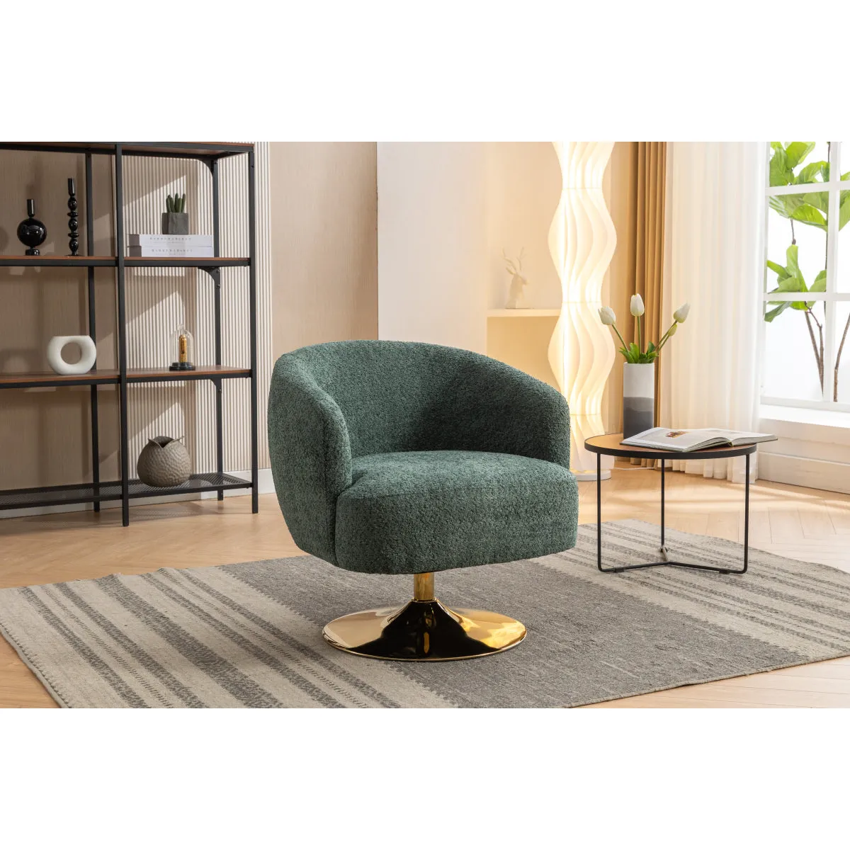 048-Chenille Fabric Accent Swivel Chair With Gold Metal Round Base,Green