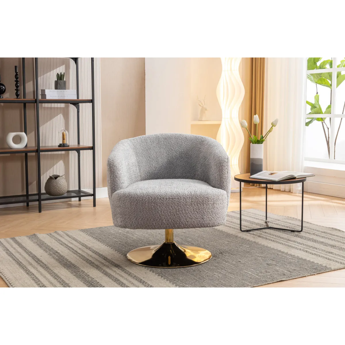 048-Chenille Fabric Accent Swivel Chair With Gold Metal Round Base,Light Gray