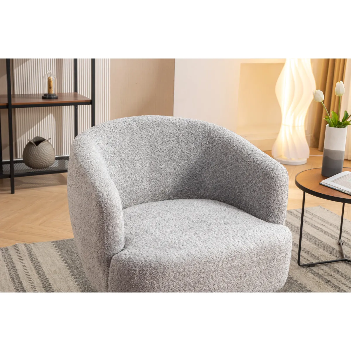 048-Chenille Fabric Accent Swivel Chair With Gold Metal Round Base,Light Gray