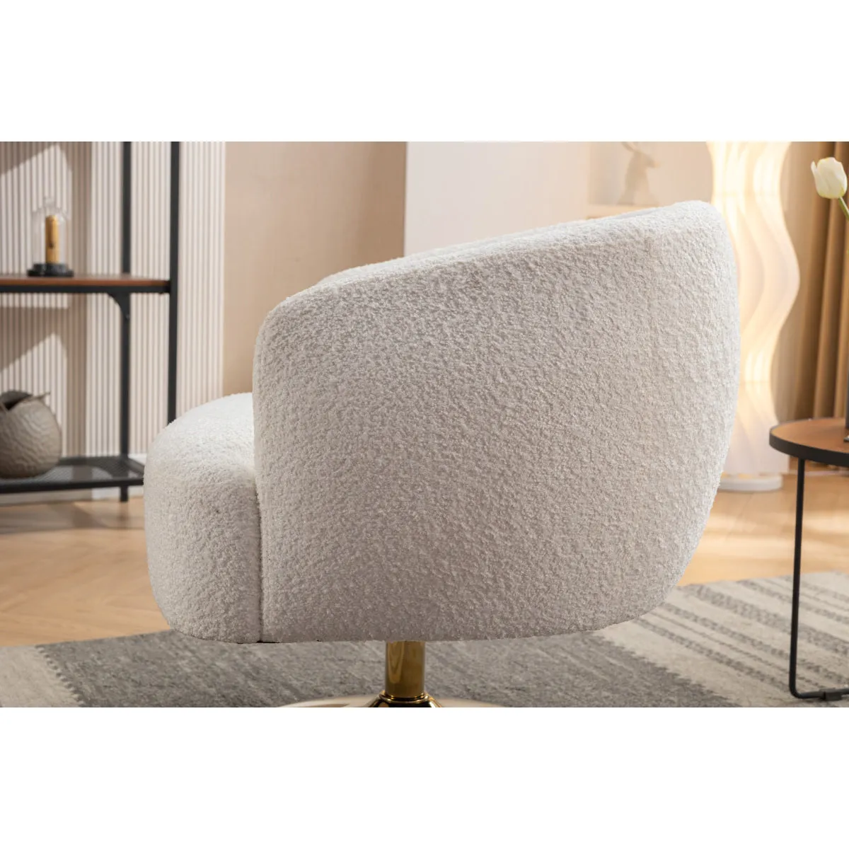 048-Chenille Fabric Accent Swivel Chair With Gold Metal Round Base,White