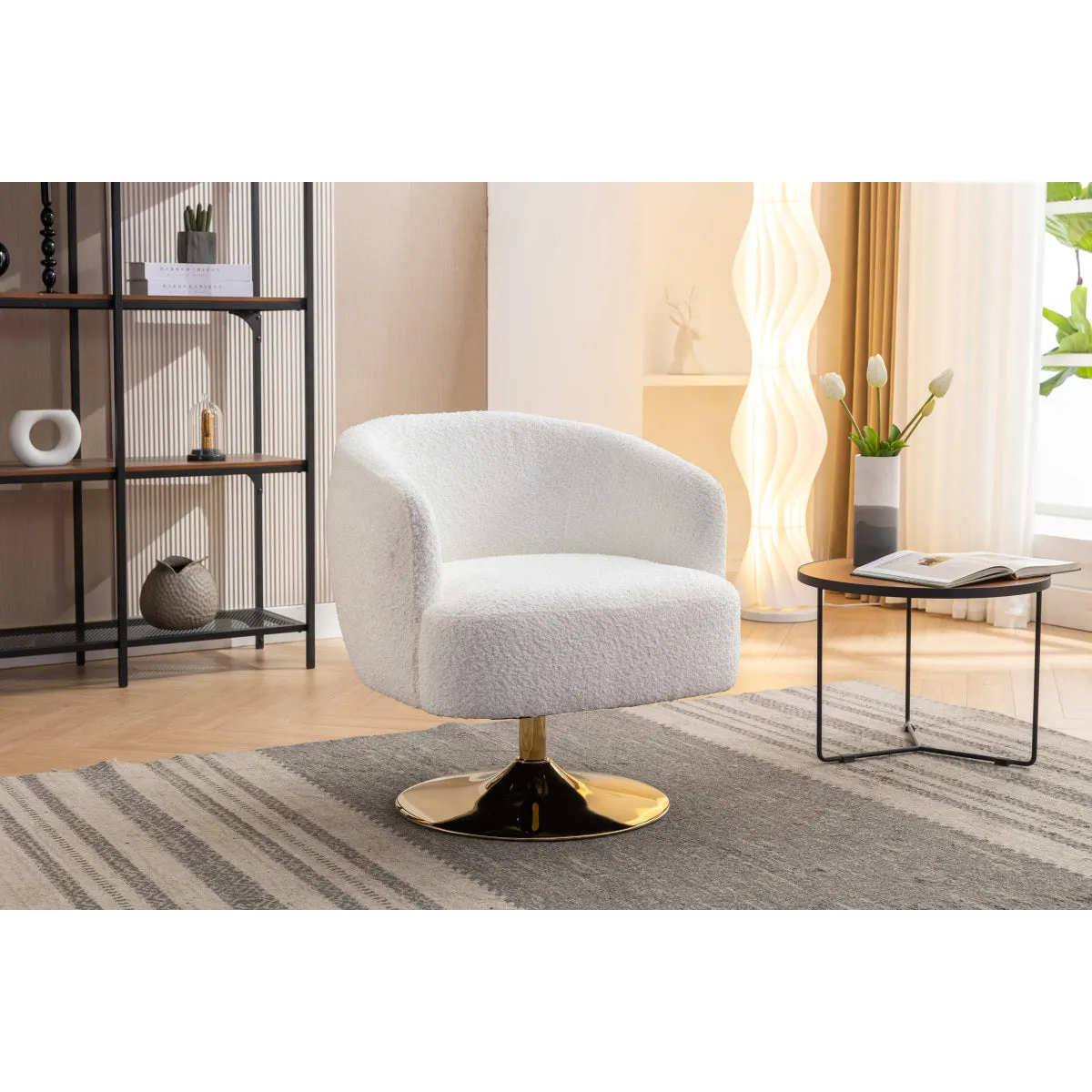 048-Chenille Fabric Accent Swivel Chair With Gold Metal Round Base,White