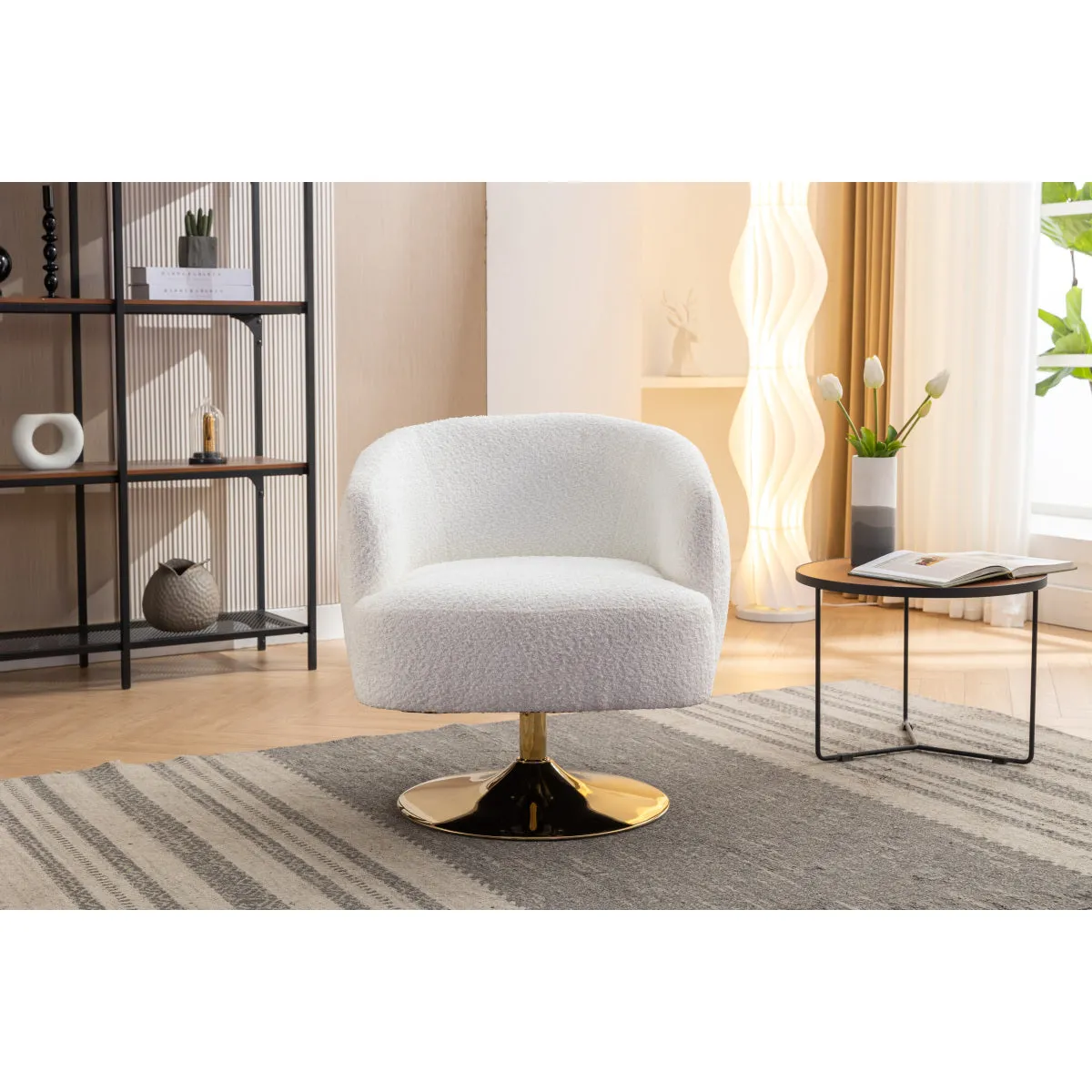 048-Chenille Fabric Accent Swivel Chair With Gold Metal Round Base,White