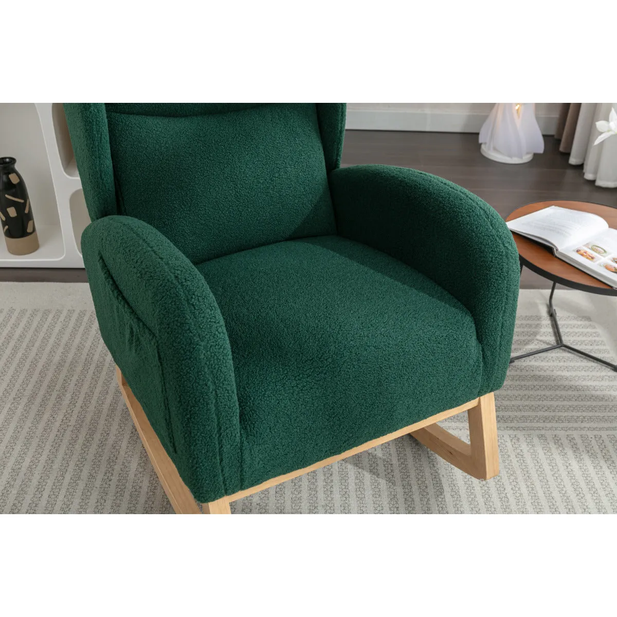 049-Teddy Fabric Rocking Chair With Packet Wood Legs,Green