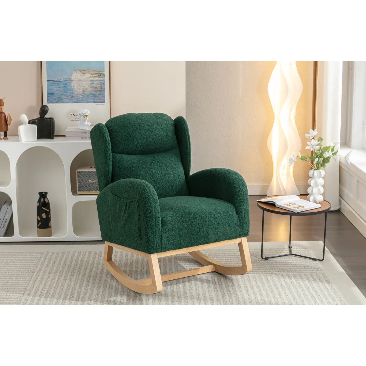 049-Teddy Fabric Rocking Chair With Packet Wood Legs,Green