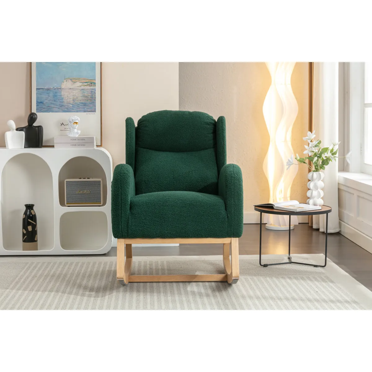 049-Teddy Fabric Rocking Chair With Packet Wood Legs,Green