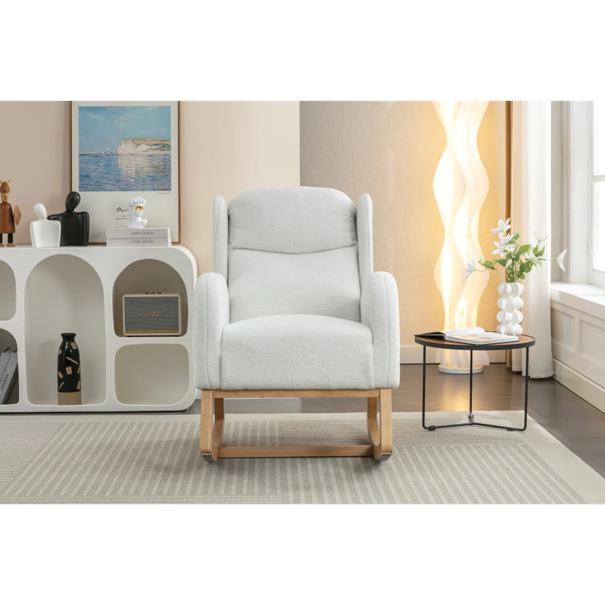 049-Teddy Fabric Rocking Chair With Packet Wood Legs,Ivory