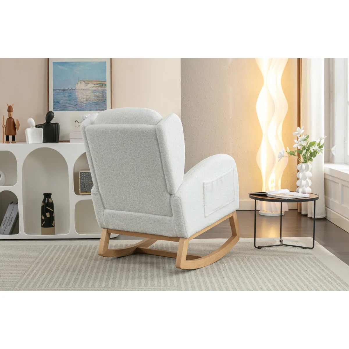 049-Teddy Fabric Rocking Chair With Packet Wood Legs,Ivory