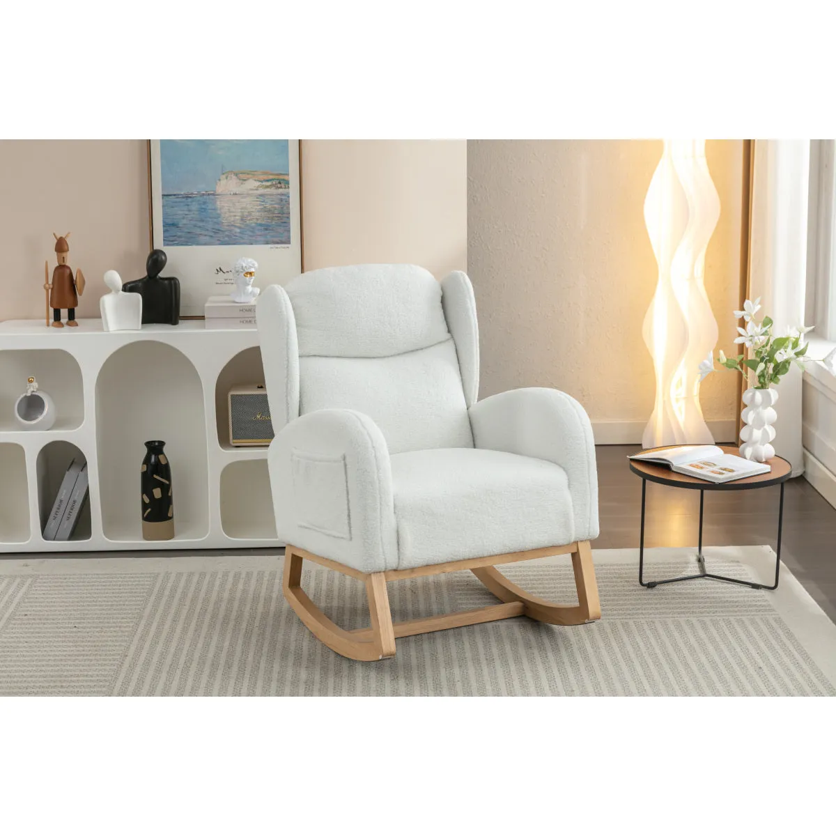 049-Teddy Fabric Rocking Chair With Packet Wood Legs,Ivory