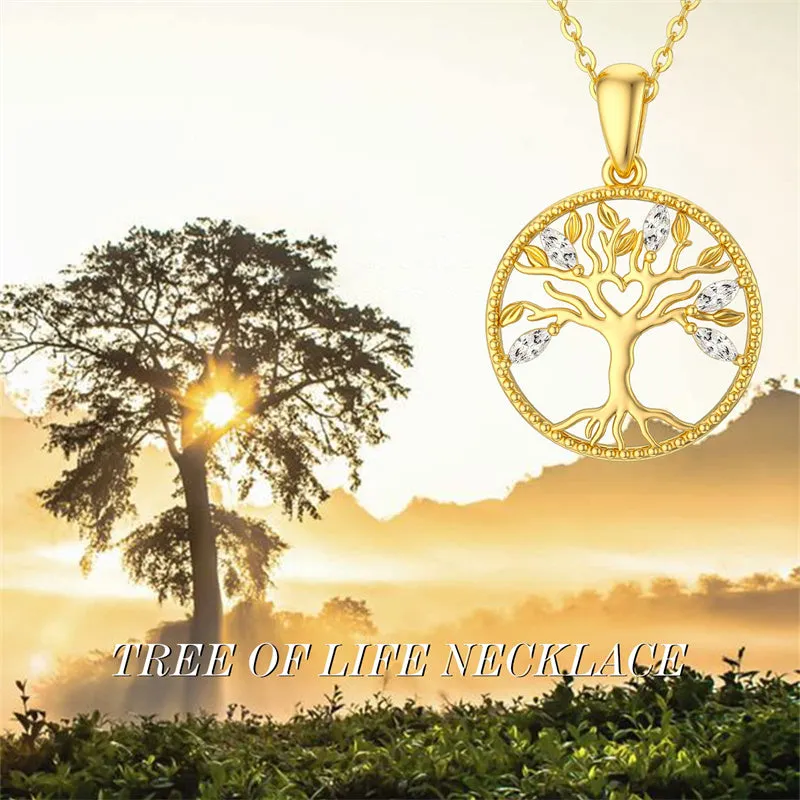 14k Solid Gold Tree of Life Necklace for Women Family Tree Pendant Necklaces for Women Love Heart Tree of Life Jewelry for Women