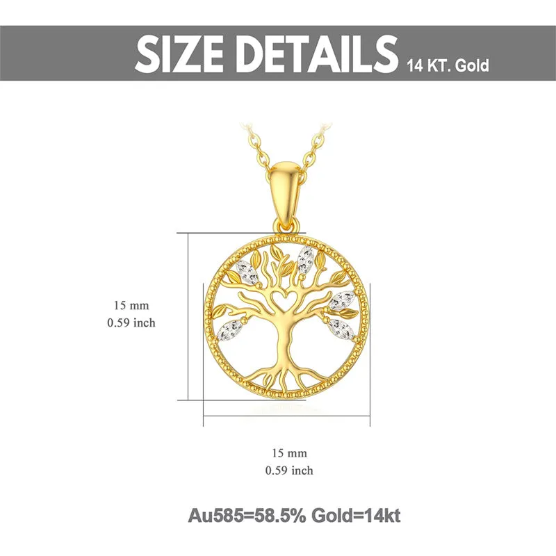 14k Solid Gold Tree of Life Necklace for Women Family Tree Pendant Necklaces for Women Love Heart Tree of Life Jewelry for Women