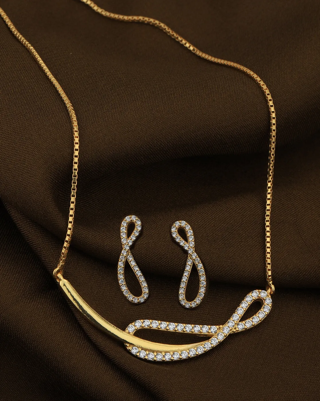 18kt Gold Plated with CZ Bar Infinity Necklace and Earring set for women