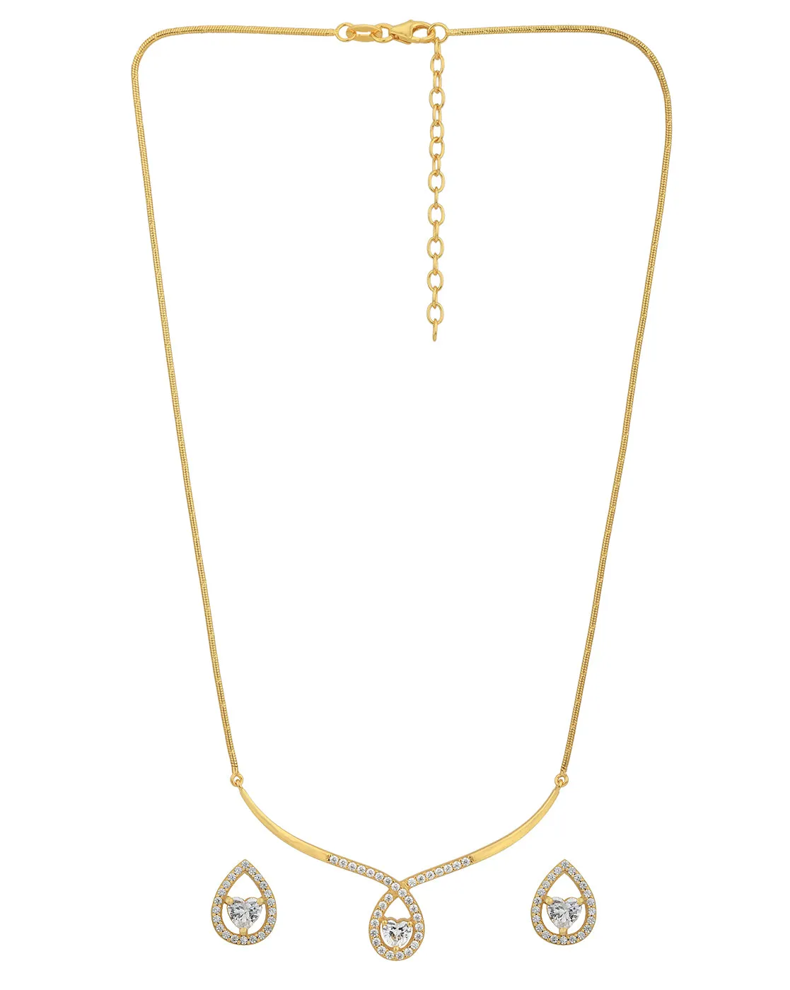 18kt Gold Plated with CZ Bar Tear Drop with Heart Solitaire Necklace and Earring set for women