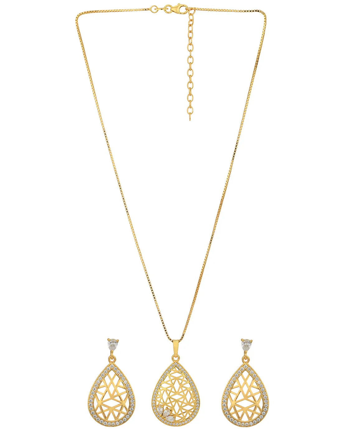 18kt Gold Plated with CZ Filigree Tear Drop Necklace and Earring set for women