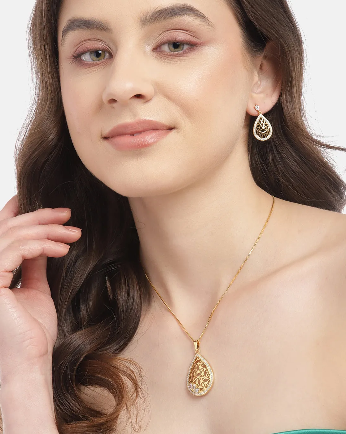 18kt Gold Plated with CZ Filigree Tear Drop Necklace and Earring set for women