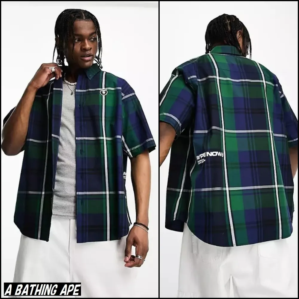 A BATHING APE  |Other Plaid Patterns Cotton Short Sleeves Logo Shirts