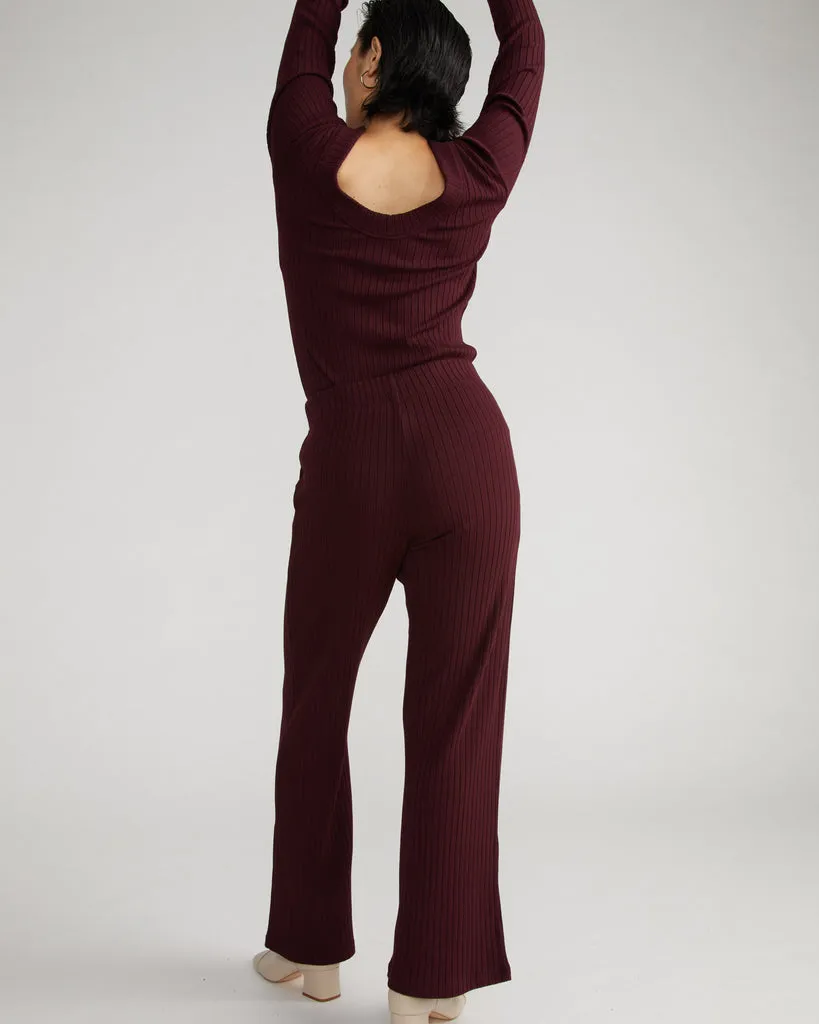 Aspen Rib Wide Leg Pant - Black Cherry