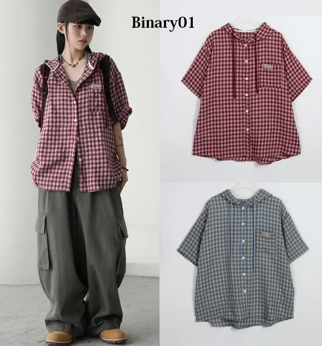 Binary01  |Other Plaid Patterns Casual Style Short Sleeves Logo