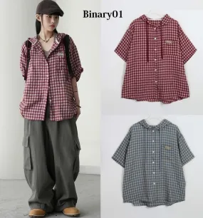 Binary01  |Other Plaid Patterns Casual Style Short Sleeves Logo