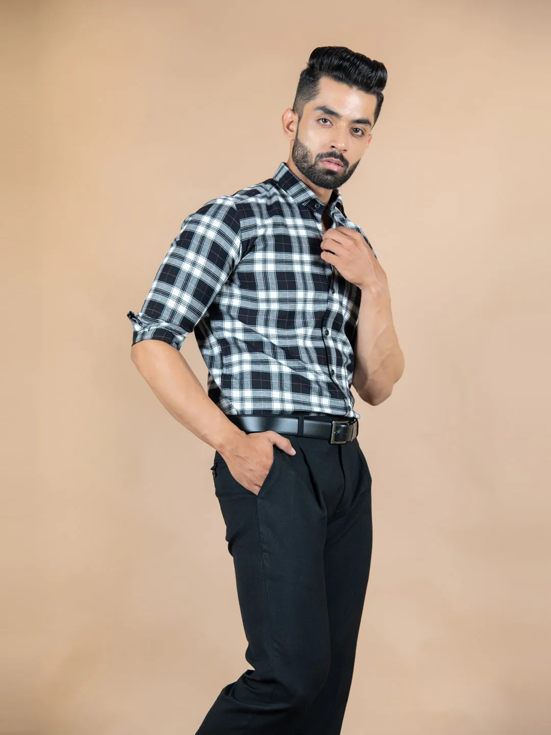 Black Plaid Checks Cotton Shirt