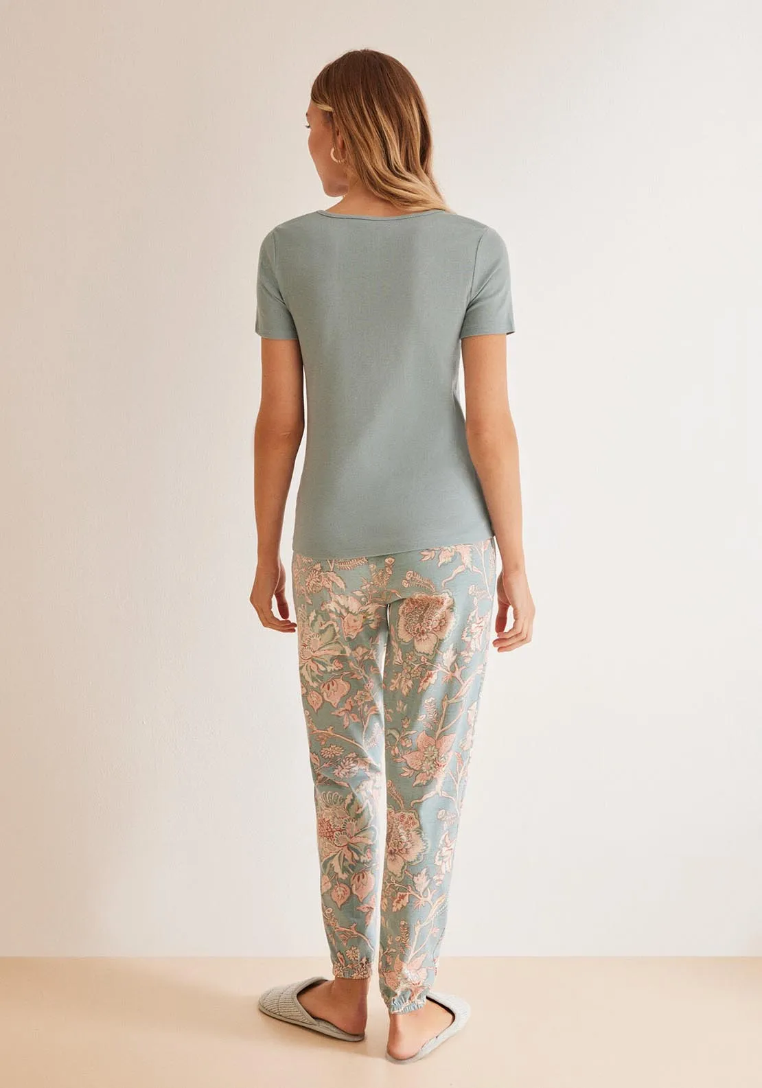 Blue pyjamas in 100% cotton with floral print bottoms - Blue