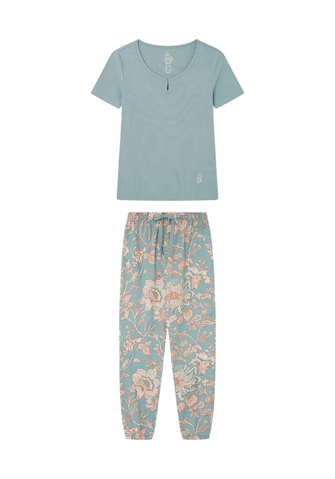 Blue pyjamas in 100% cotton with floral print bottoms - Blue