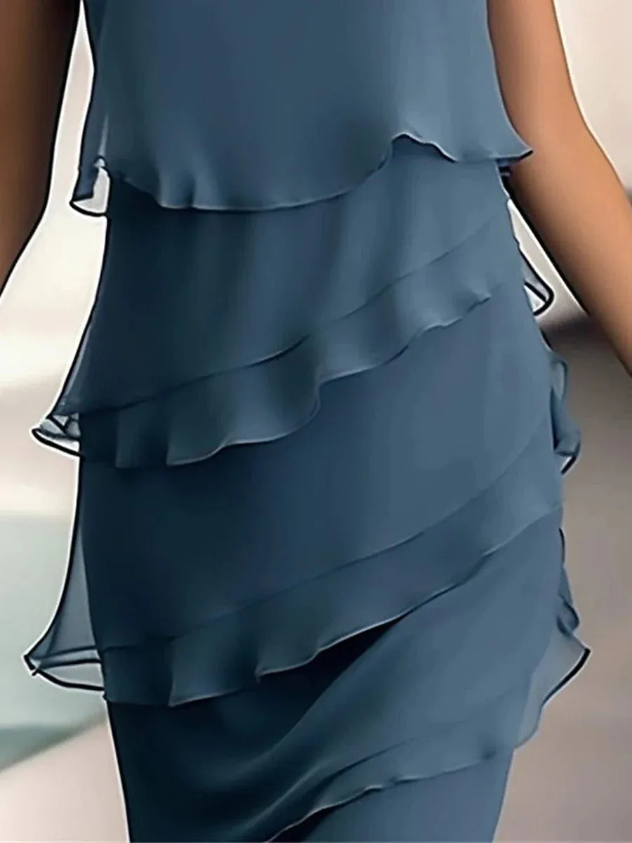 Blue Ruffle Sleeveless Midi Dress for Women