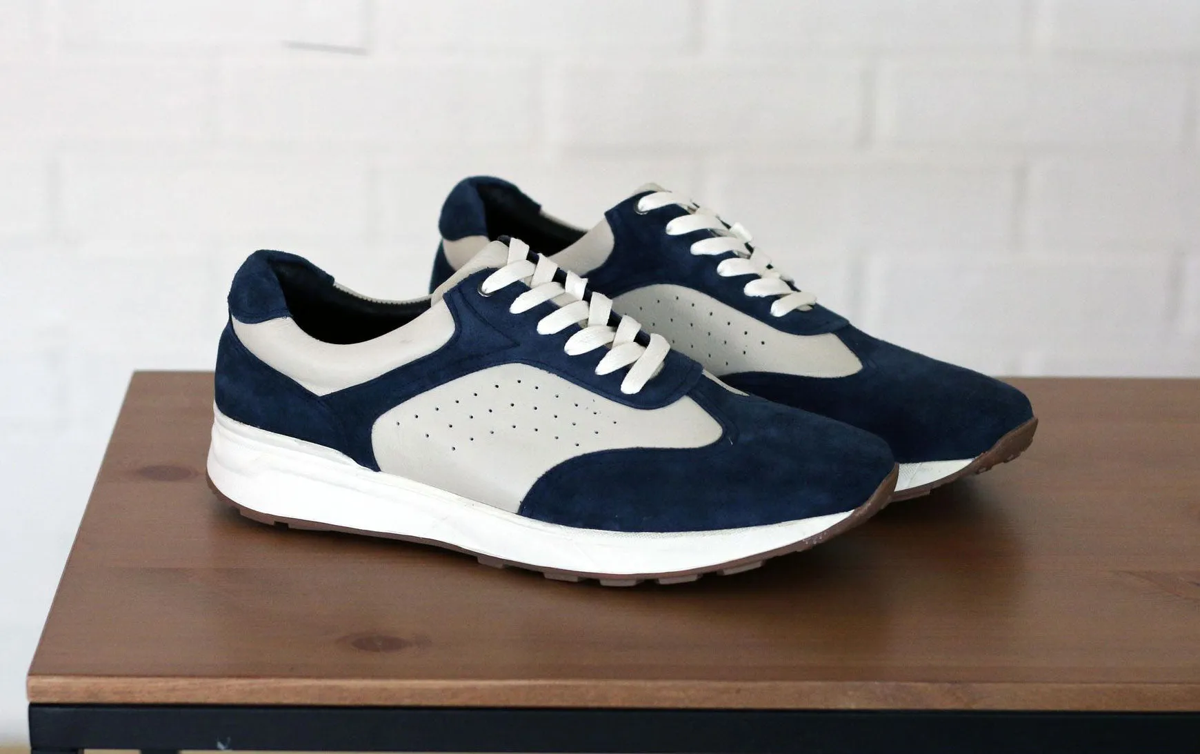 Calfskin & Suede Lace-Up Sneaker Blue/Bone