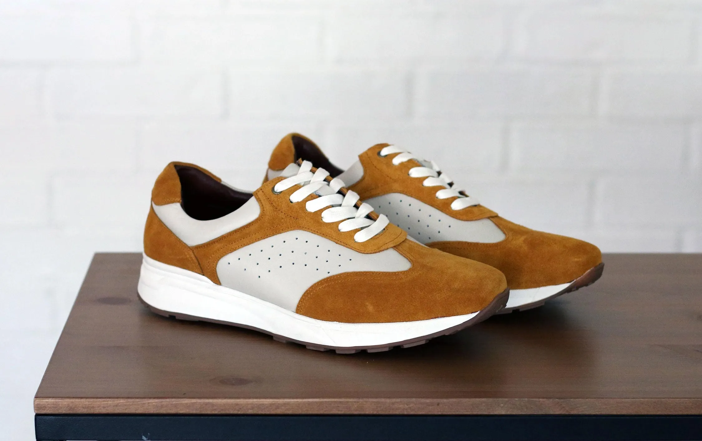 Calfskin & Suede Lace-Up Sneaker Gold/Bone