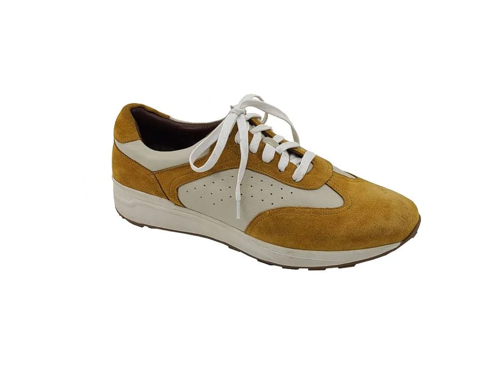 Calfskin & Suede Lace-Up Sneaker Gold/Bone