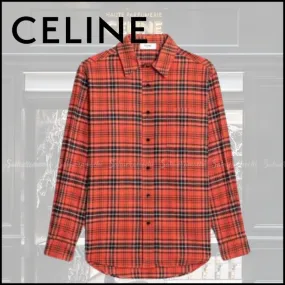 CELINE  |Other Plaid Patterns Unisex Long Sleeves Cotton Oversized