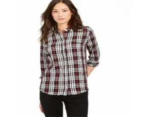 Charter Club Womens Plaid Cotton Button up Shirt Black Size Petite L