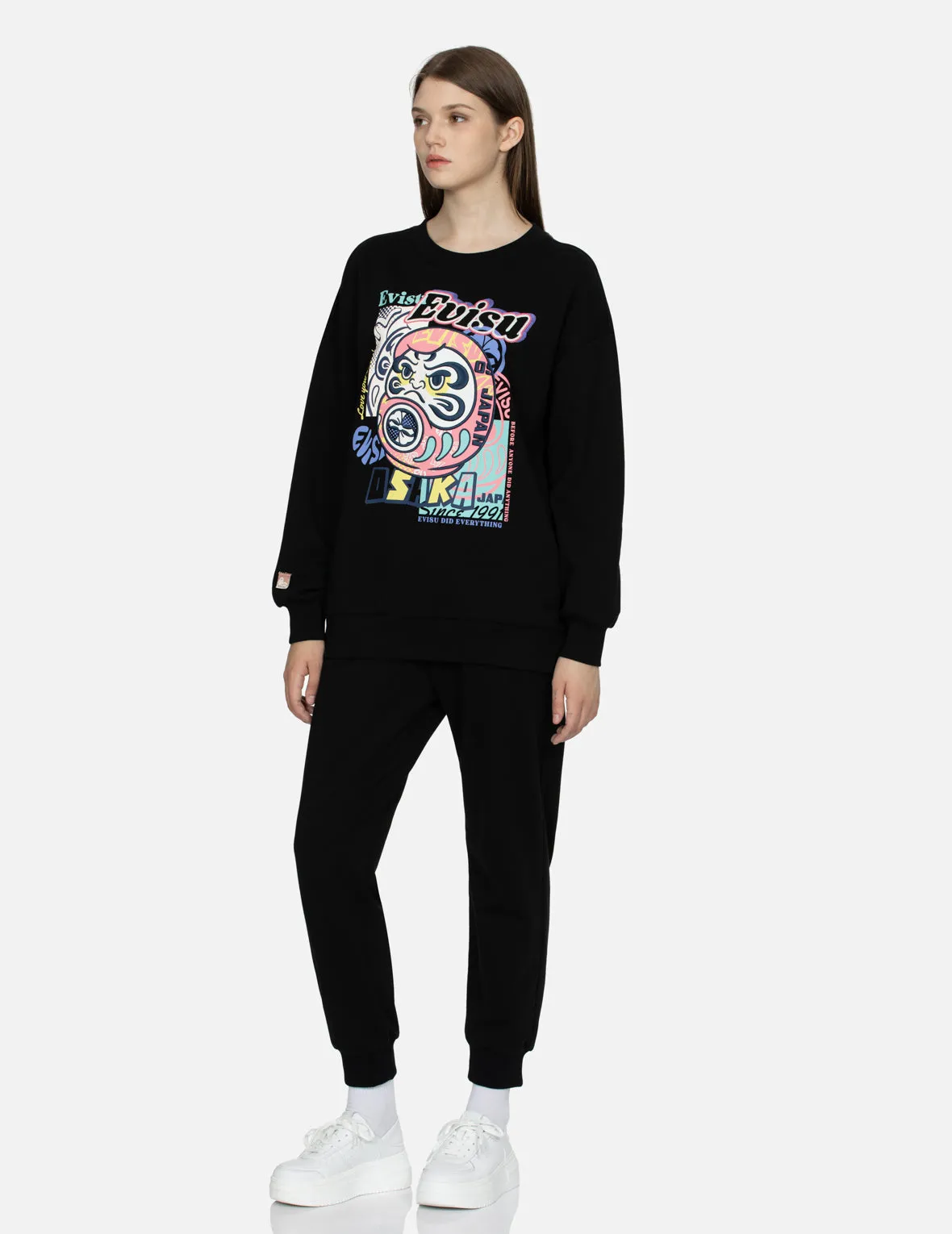 Daruma and Logo Print and Embroidery Oversized Sweatshirt