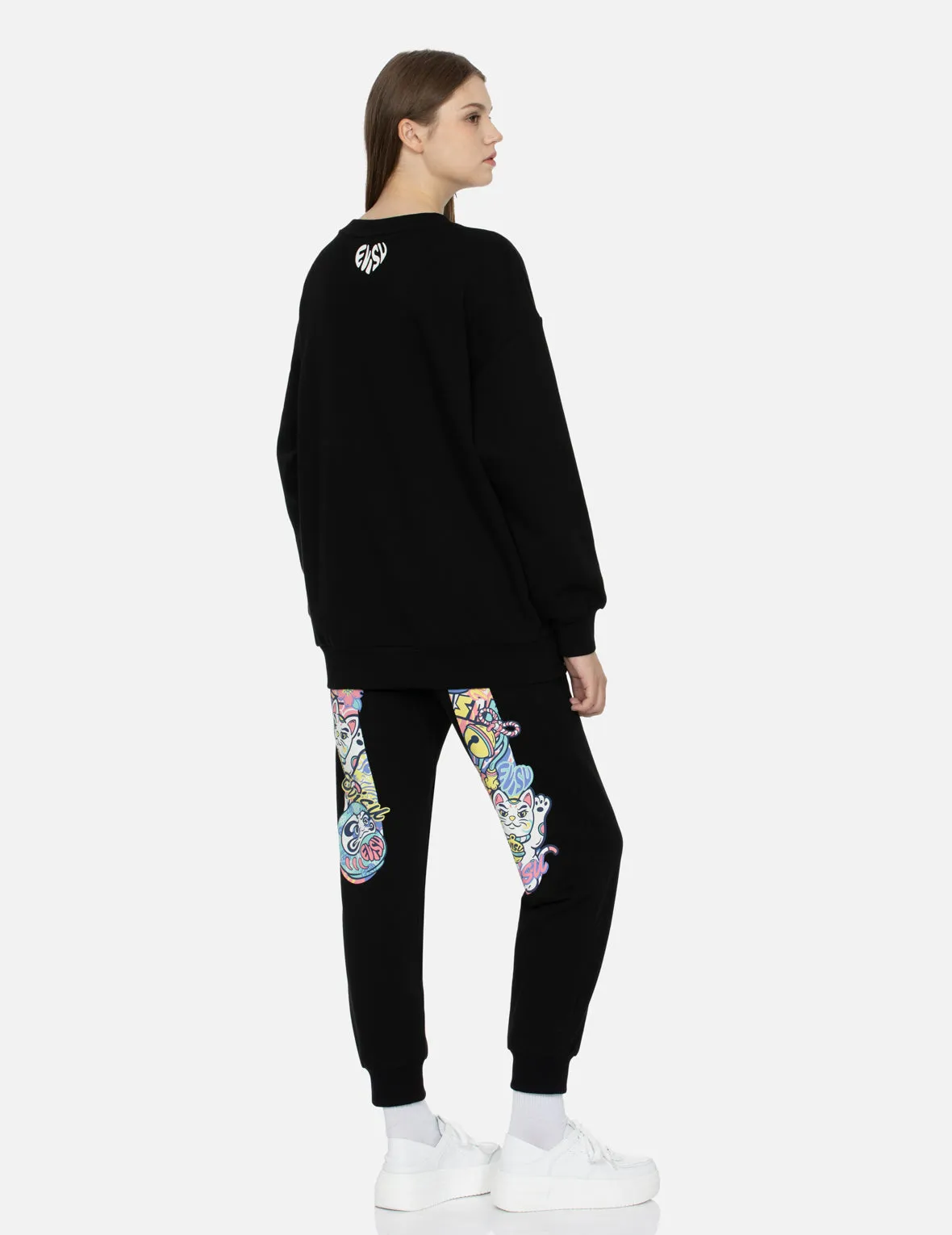 Daruma and Logo Print and Embroidery Oversized Sweatshirt