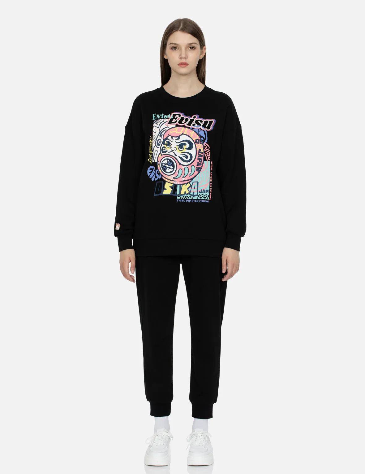 Daruma and Logo Print and Embroidery Oversized Sweatshirt