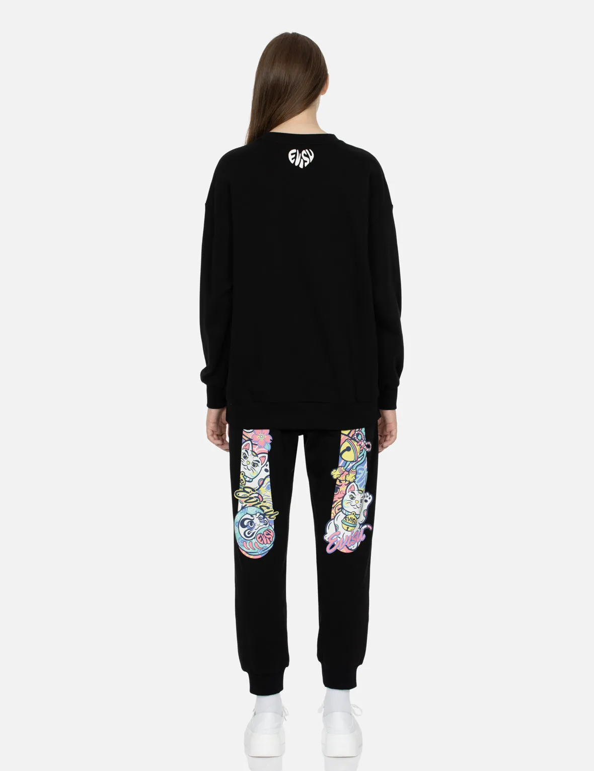 Daruma and Logo Print and Embroidery Oversized Sweatshirt