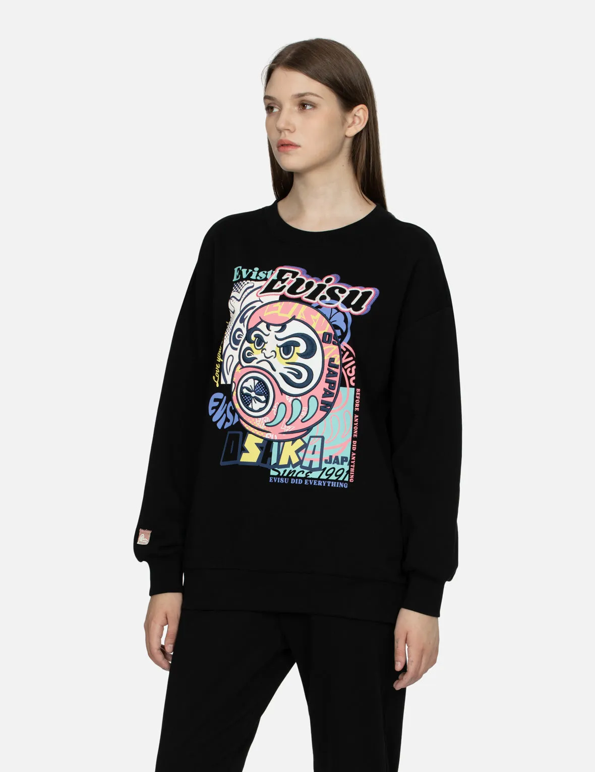 Daruma and Logo Print and Embroidery Oversized Sweatshirt