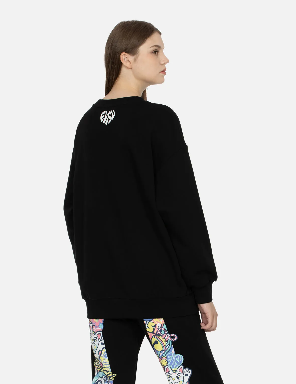 Daruma and Logo Print and Embroidery Oversized Sweatshirt