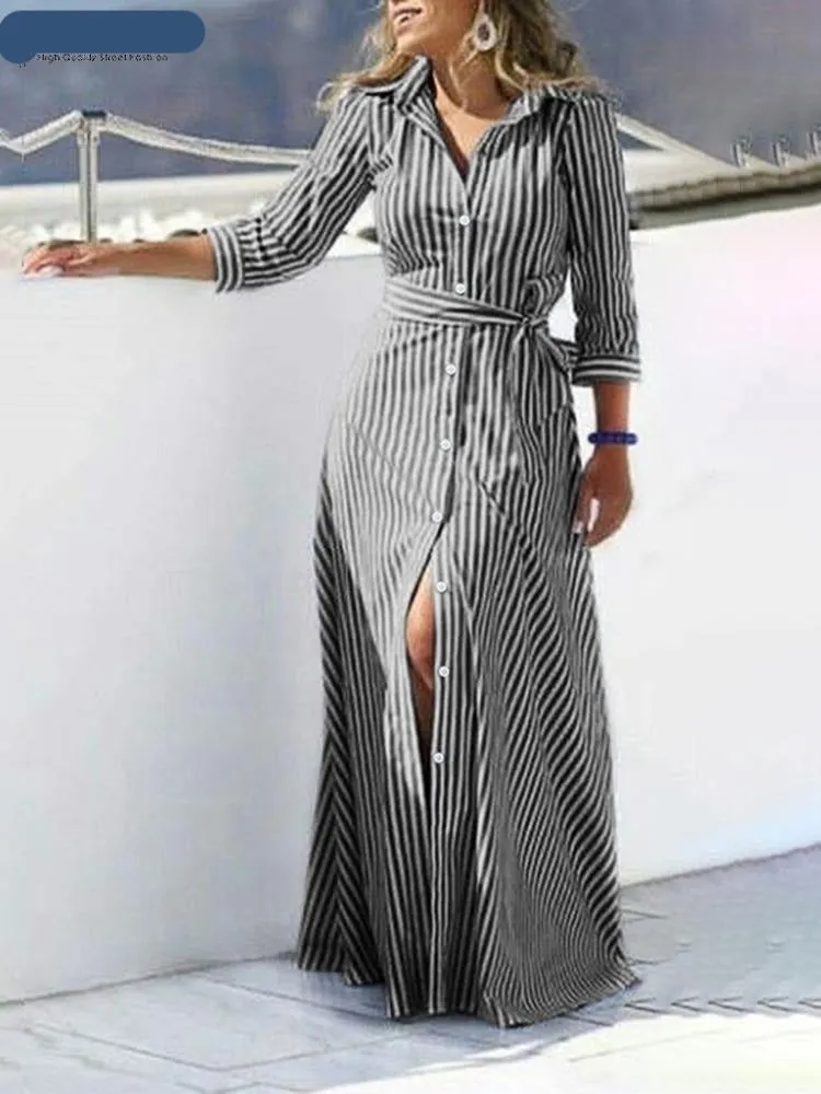 Dress Long Sleeve Buttons Maxi Long Dress Elegant Shirt