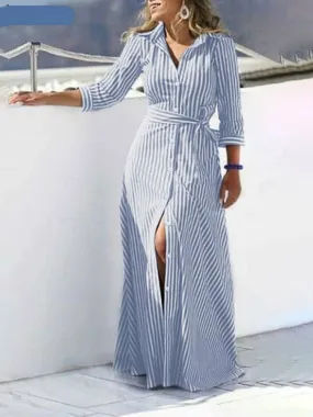 Dress Long Sleeve Buttons Maxi Long Dress Elegant Shirt