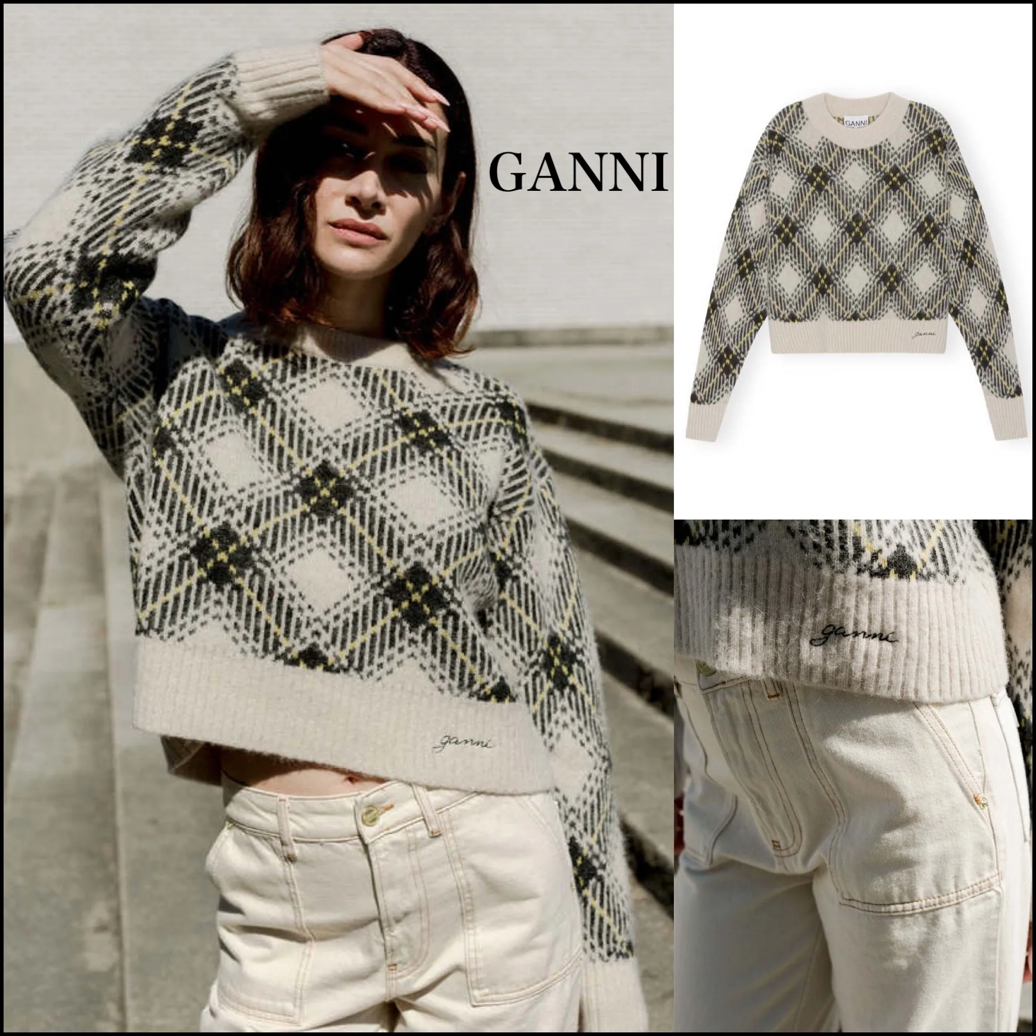 Ganni  |Other Plaid Patterns Wool Rib U-Neck Long Sleeves Logo