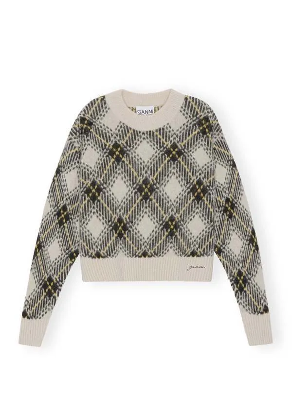 Ganni  |Other Plaid Patterns Wool Rib U-Neck Long Sleeves Logo