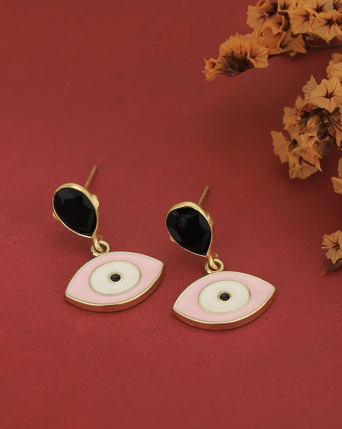 Gold Plated & Onyx Stone Evil Eye Enamel Drop Earring for women