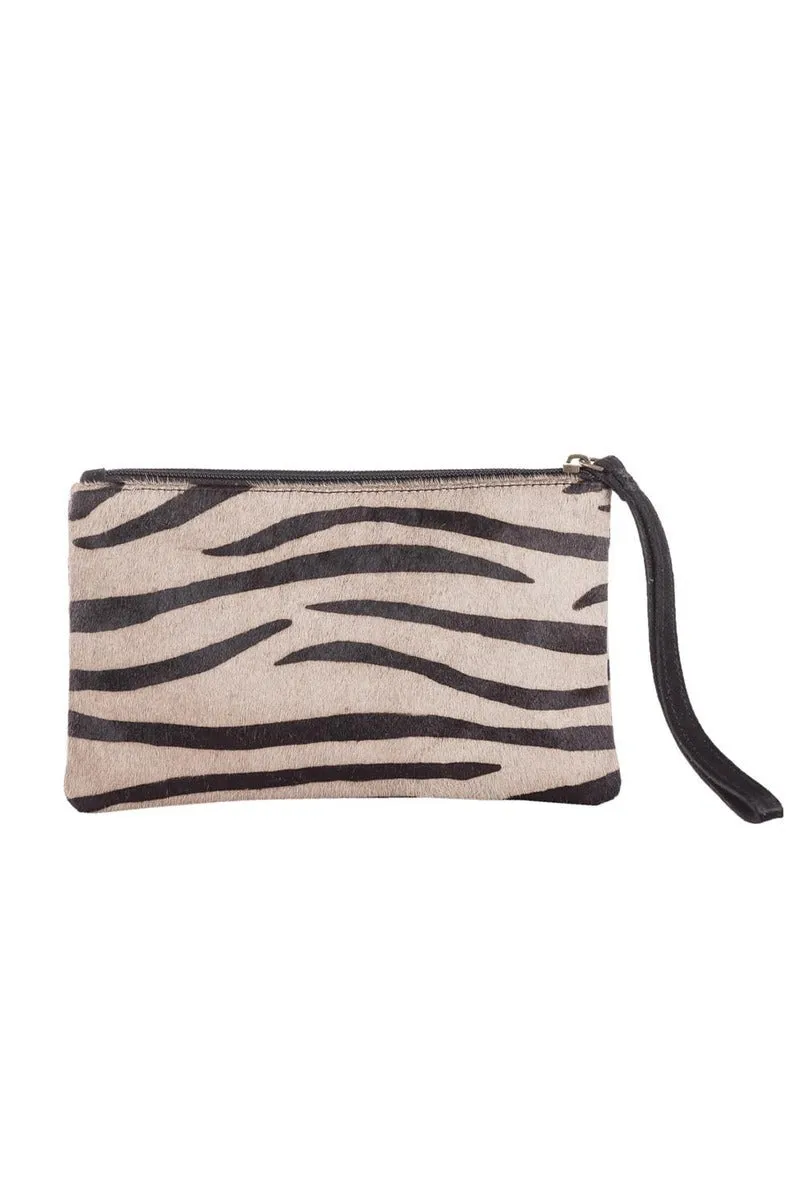 Gray/Black Zebra Hair on Leather Wristlet