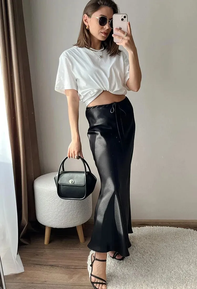 High Waist Long Satin Skirts for Women Spring