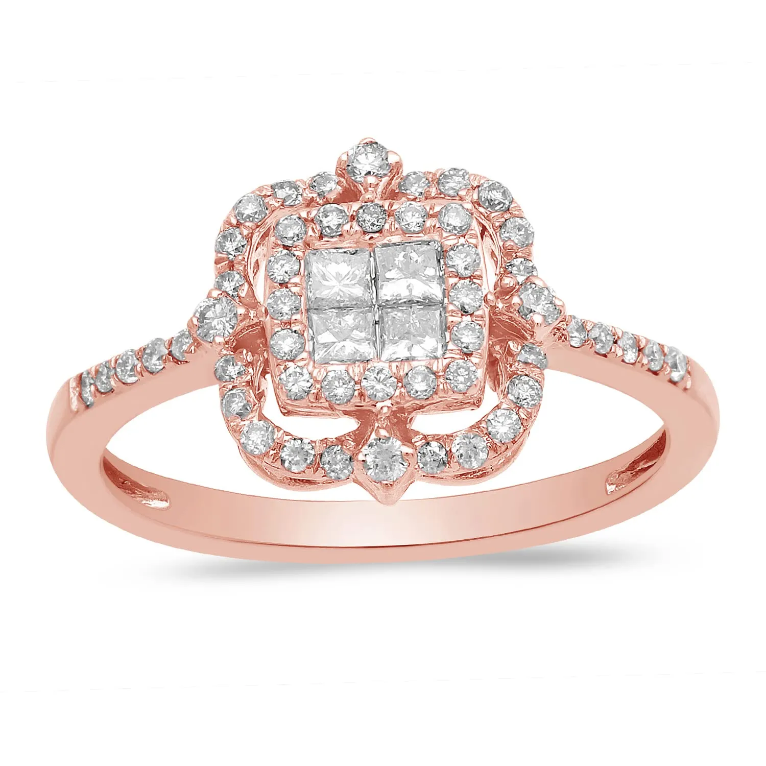 Jewelili 14K Rose Gold With 1/2 CTTW Princess and Round Diamonds Cluster Ring