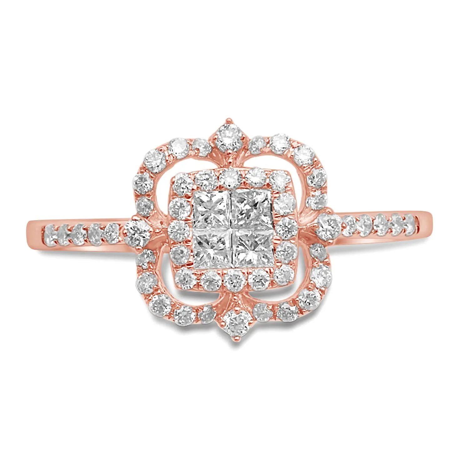 Jewelili 14K Rose Gold With 1/2 CTTW Princess and Round Diamonds Cluster Ring